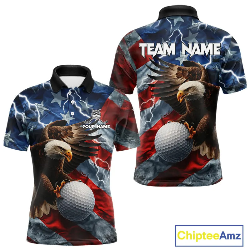 American Flag Eagle Lightning Thunder Golf Polo Shirts For Men Custom Patriotic Golf Team Jerseys NQS11503