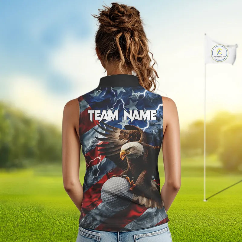 American Flag Eagle Lightning Thunder Sleeveless Golf Polo Shirts Custom Patriotic Golf Team Jerseys NQS11503