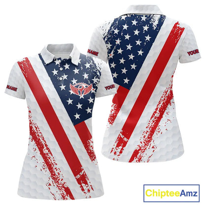 Red, white & blue American Flag Womens Golf polo shirts Custom patriotic golf outfit for ladies NQS11291