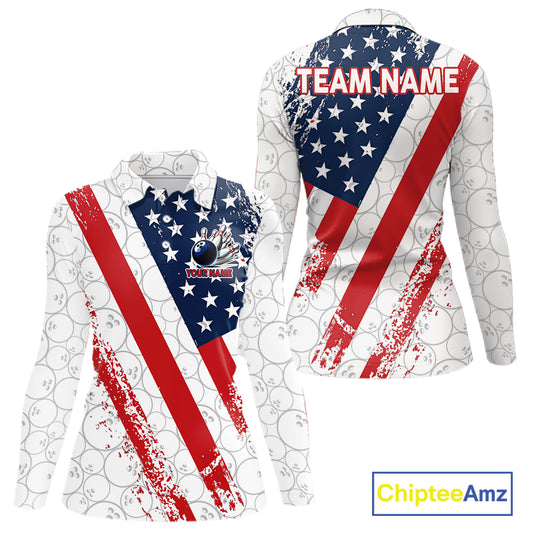 Red, white & blue American Flag Bowling Shirts For Women Custom patriotic Bowling Team Jersey NQS11292