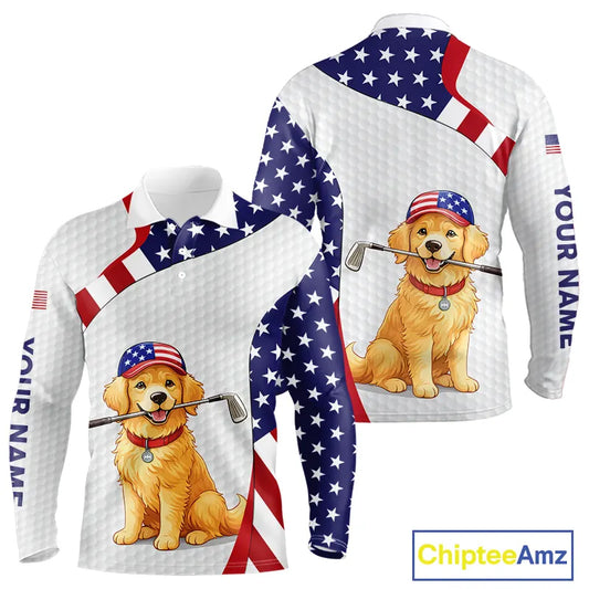 Personalized American flag golden retriever golf polo shirts for men custom name patriotic golf gifts NQS11518