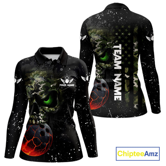 Black and Green Camo grunge American Flag Skull Bowling Shirts for Women Custom Bowling Team jerseys NQS11294