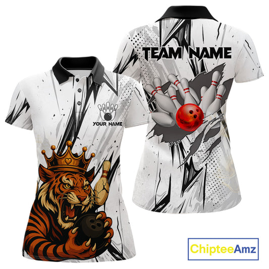 Black and White Tiger Bowling polo, 1/4 zip Shirts for Women Custom Tiger Bowling Team jerseys NQS11298