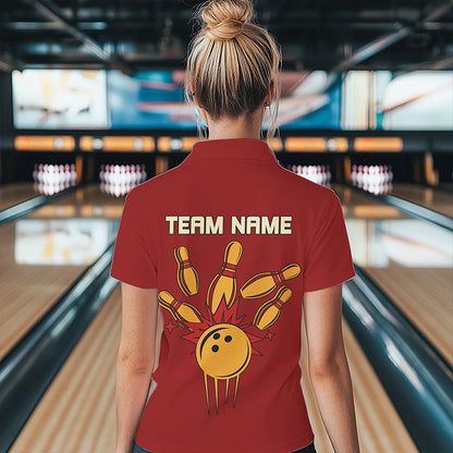 Red & Yellow Retro Bowling Polo, Quarter Zip shirt for Women Custom vintage team bowling jersey NQS9579