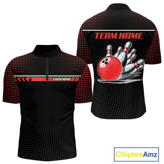Personalized Black and Red Bowling Polo, 1/4 Zip Shirts For Men Custom Team Bowling Jerseys NQS11101
