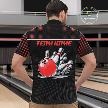 Personalized Black and Red Bowling Polo, 1/4 Zip Shirts For Men Custom Team Bowling Jerseys NQS11101