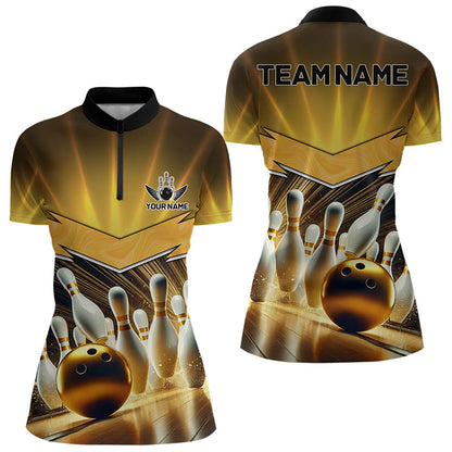 Custom Name Black And Gold Bowling Jerseys For Women, Bowling Team Polo, Quarter-Zip Shirts NQS9745