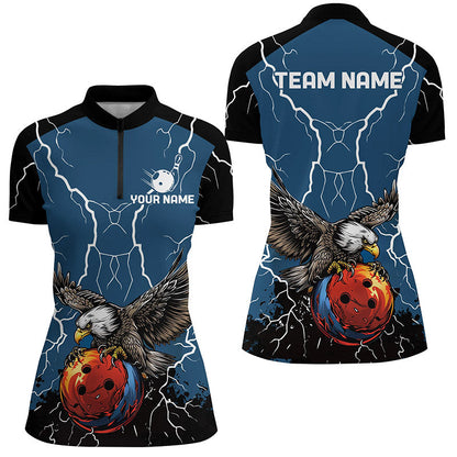 Women bowling Polo, Quarter Zip shirts Custom Eagle bowling lightning storm team league jerseys | Blue NQS7893