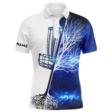 Load image into Gallery viewer, Mens disc golf polo shirt custom name blue galaxy disc golf basket, personalized disc golf shirts NQS6199