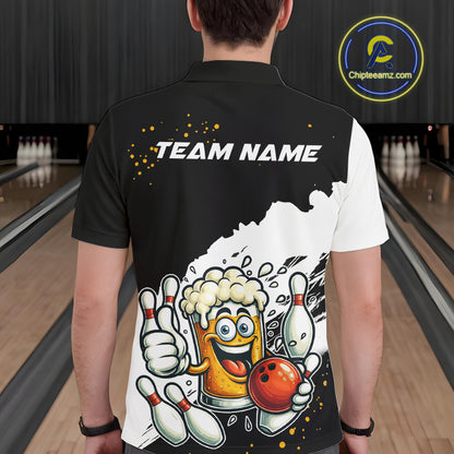 Funny Beer Glass Black and White Bowling Polo, 1/4 Zip Shirts for Men Custom Bowling Team Jersey NQS10933
