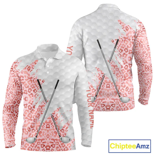 Pink glitter Leopard skin pattern custom name white Mens golf polo shirts, team golf tops for men NQS11526