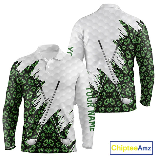 Green glitter Leopard skin pattern custom name white Mens golf polo shirts, team golf tops for men NQS11527