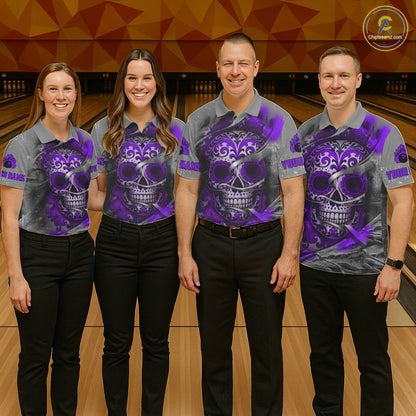 Purple Sugar Skull Tattoo Custom Mens Bowling Polo, Quarter Zip Shirts,Team Bowling Jerseys NQS11530