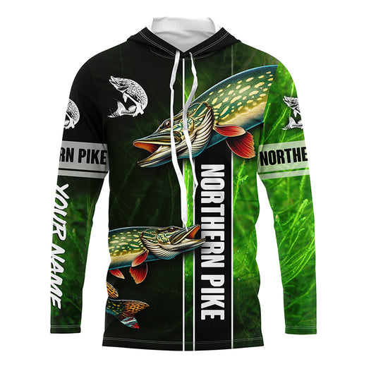 Northern Pike fishing green camo Custom Long Sleeve Fishing Shirts, fishing gifts for men, women, kid NQS5810