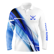 Load image into Gallery viewer, White and Blue Mens golf polo shirts custom men's golf apparel, gifts for the golfer NQS8335