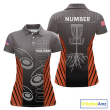 Load image into Gallery viewer, Women's disc golf polo shirt custom name, number camo disc golf jersey for ladies | Orange NQS11125