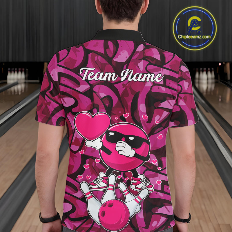 Funny Bowling heart pink graffiti pattern Valentine Mens Bowling Shirts Custom Couple Bowling Outfits NQS11322