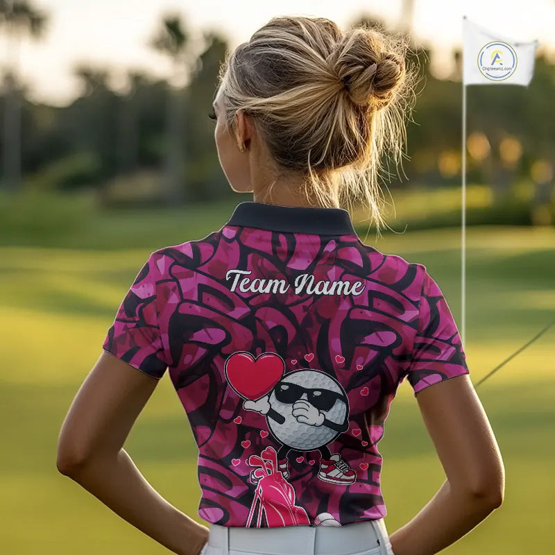 Funny Golf ball heart pink graffiti pattern Valentine Golf polo shirt for Women Custom Couple Outfits NQS11323
