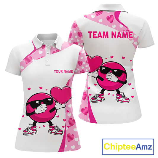 Custom funny bowling ball pink heart pattern matching bowling shirts for couples, Valentine gifts NQS11325