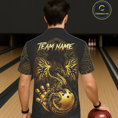 Custom Black And Gold tribal Dragon Bowling Hawaiian Shirt, Dragon Bowling Team Shirts Uniform NQS11534