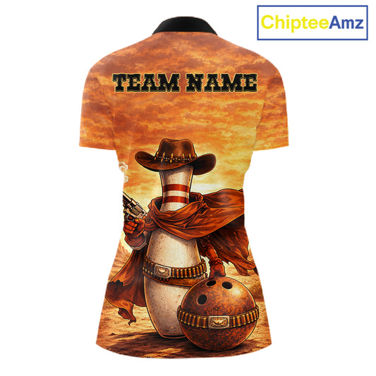 Custom Funny Desert Bowling Cowboy gun bowling team shirts For Women, Bowling Polo, 1/4 zip jerseys NQS11536