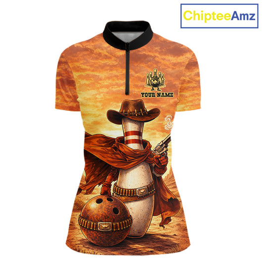 Custom Funny Desert Bowling Cowboy gun bowling team shirts For Women, Bowling Polo, 1/4 zip jerseys NQS11536
