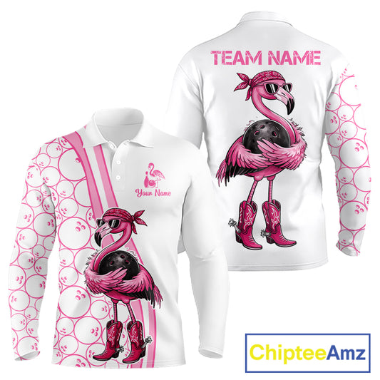 Funny Cute Pink Flamingo Custom White and Pink Bowling Shirts For Men, Flamingo Bowling Team Outfits NQS11544