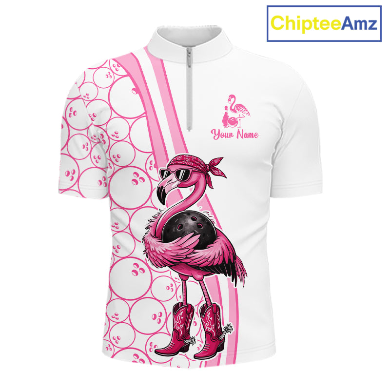 Funny Cute Pink Flamingo Custom White and Pink Bowling Shirts For Men, Flamingo Bowling Team Outfits NQS11544