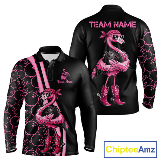 Funny Cute Pink Flamingo Custom Black and Pink Bowling Shirts For Men, Flamingo Bowling Team Outfits NQS11545