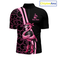 Load image into Gallery viewer, Funny Cute Pink Flamingo Custom Black and Pink Bowling Shirts For Men, Flamingo Bowling Team Outfits NQS11545