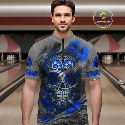 Blue Sugar Skull Tattoo Custom Mens Bowling Polo, Quarter Zip Shirts,Team Bowling Jerseys NQS10947