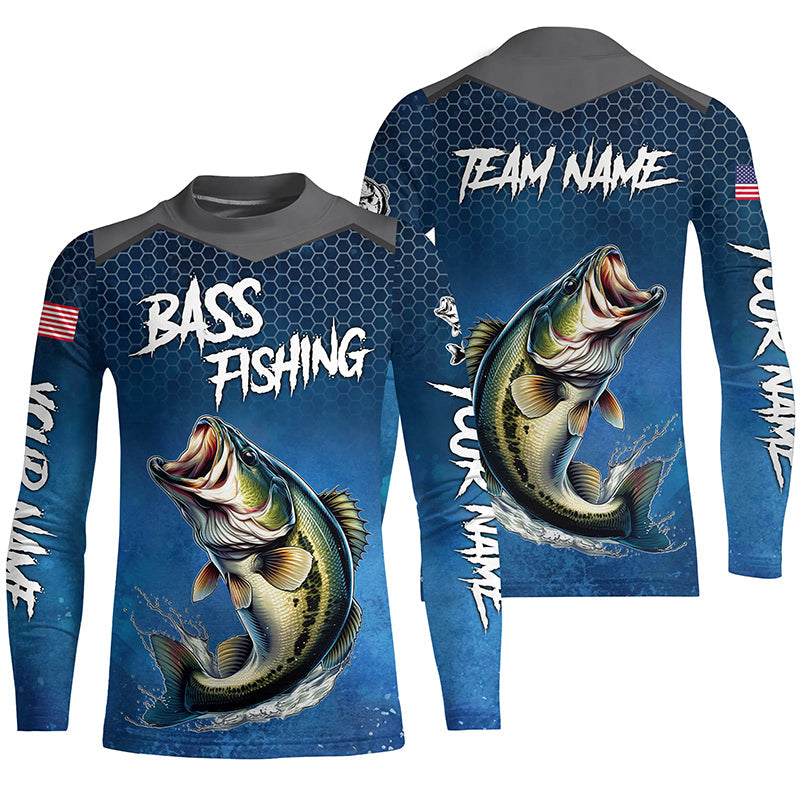 Blue camo Largemouth Bass fishing Custom performance long sleeve team Bass fishing tournament shirts NQS7364