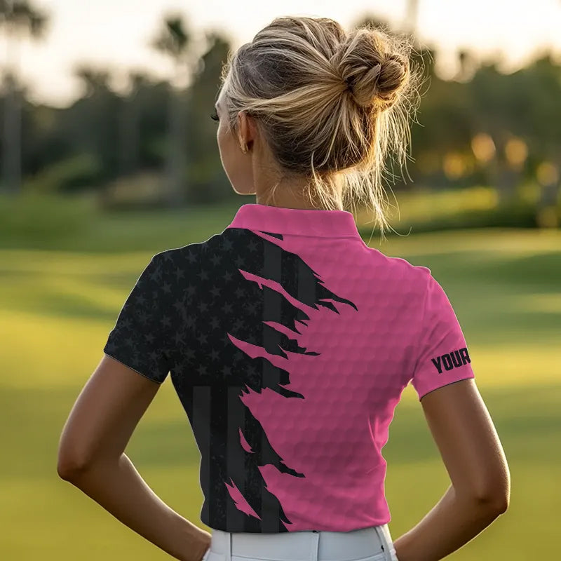 Personalized Womens golf polos shirt custom pink golf shirts black American flag ladies golf apparel NQS9775