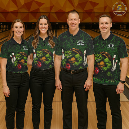 Black and Green Camo Funny Turtle Bowling Polo, Quarter Zip Shirt For Men Custom Team Bowling jerseys NQS11337