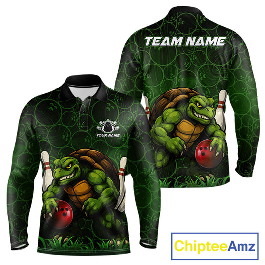 Black and Green Camo Funny Turtle Bowling Polo, Quarter Zip Shirt For Men Custom Team Bowling jerseys NQS11337