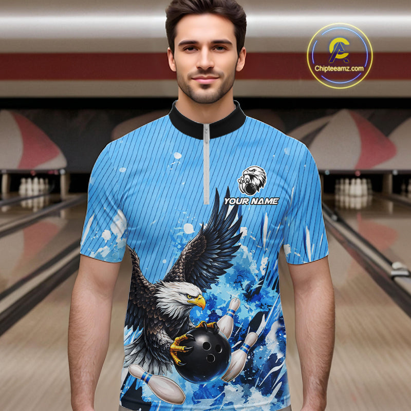 Blue Eagle Bowling Polo, Quarter Zip Shirt For Men Custom Team Bowling jerseys, Gift For Bowlers NQS11339