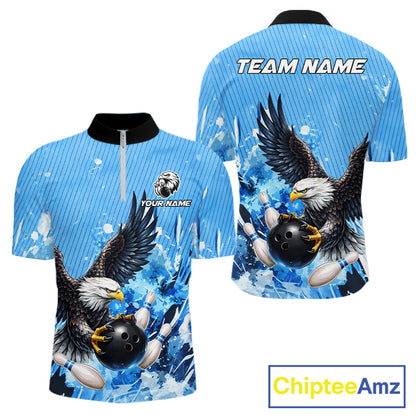 Blue Eagle Bowling Polo, Quarter Zip Shirt For Men Custom Team Bowling jerseys, Gift For Bowlers NQS11339