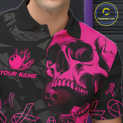 Black Skull camo pink ribbons pattern breast cancer bowling shirt for men custom bowling team jerseys NQS11549