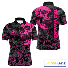 Load image into Gallery viewer, Black Skull camo pink ribbons pattern breast cancer bowling shirt for men custom bowling team jerseys NQS11549