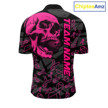Load image into Gallery viewer, Black Skull camo pink ribbons pattern breast cancer bowling shirt for men custom bowling team jerseys NQS11549