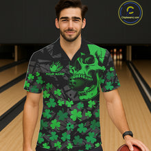 Load image into Gallery viewer, Black Skull camo Green Shamrock pattern St Patrick bowling Hawaiian Shirt custom bowling team jersey NQS11550