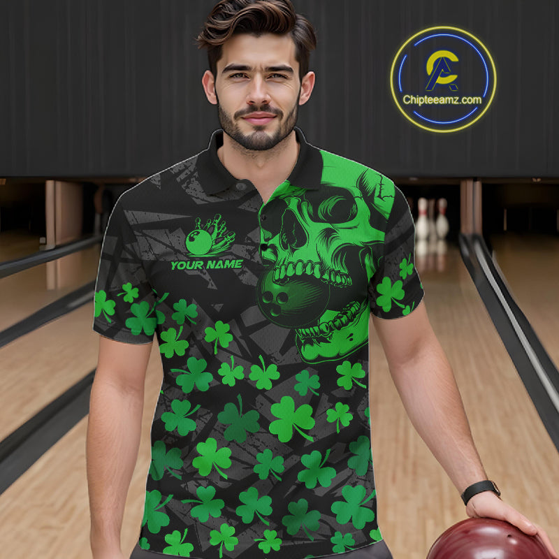 Black Skull camo Green Shamrock pattern St Patrick's bowling shirt for men custom bowling team jersey NQS11550