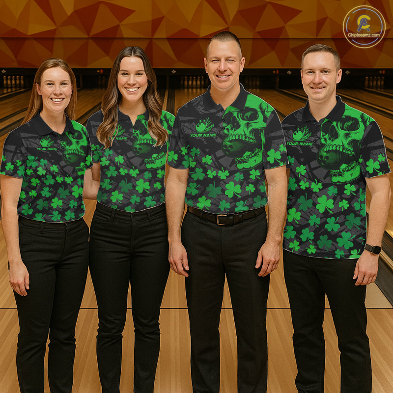 Black Skull camo Green Shamrock pattern St Patrick bowling shirt for Women custom bowling team jersey NQS11550