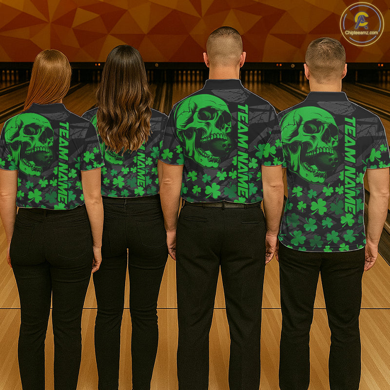 Black Skull camo Green Shamrock pattern St Patrick bowling shirt for Women custom bowling team jersey NQS11550