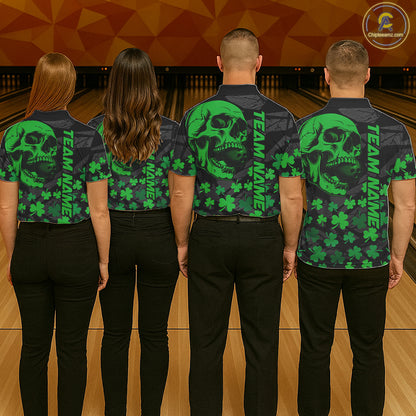Black Skull camo Green Shamrock pattern St Patrick bowling shirt for Women custom bowling team jersey NQS11550