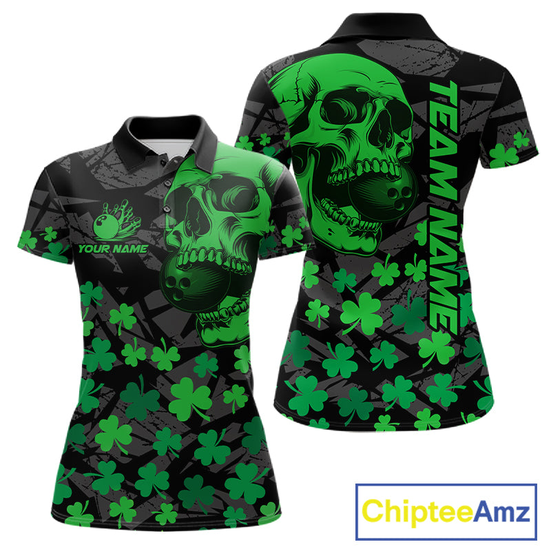 Black Skull camo Green Shamrock pattern St Patrick bowling shirt for Women custom bowling team jersey NQS11550