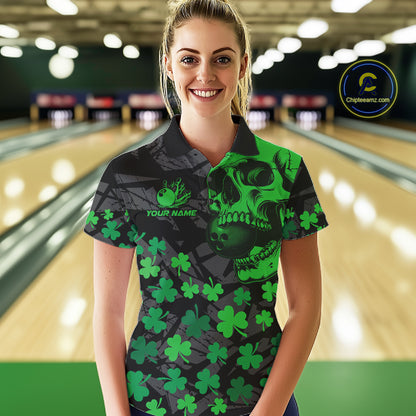 Black Skull camo Green Shamrock pattern St Patrick bowling shirt for Women custom bowling team jersey NQS11550