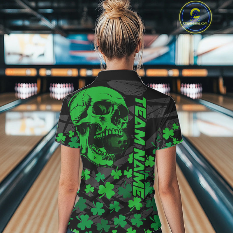 Black Skull camo Green Shamrock pattern St Patrick bowling shirt for Women custom bowling team jersey NQS11550