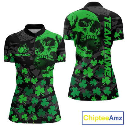Black Skull camo Green Shamrock pattern St Patrick bowling shirt for Women custom bowling team jersey NQS11550