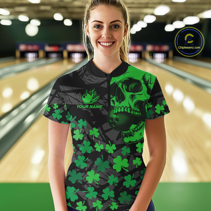 Black Skull camo Green Shamrock pattern St Patrick bowling shirt for Women custom bowling team jersey NQS11550